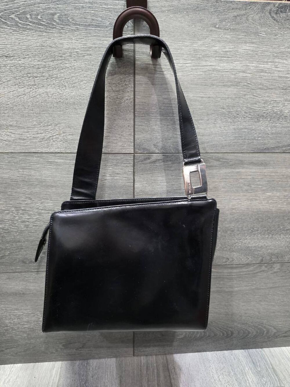 LANCEL PARIS FRANCE TOP-ZIP SLANT-TOP Black LEATHER STRUCTURED HANDBAG B000589